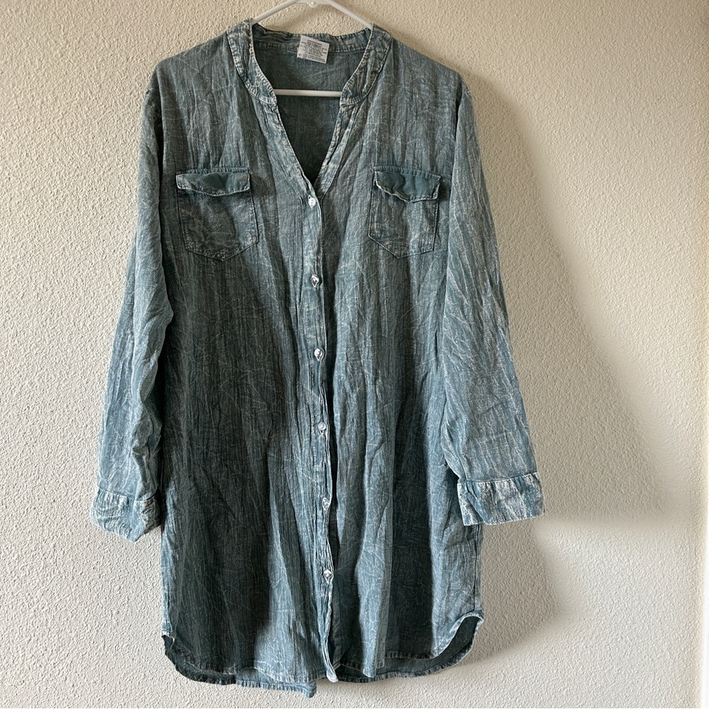 Mr. Buho Acid Wash Button up Tunic Dress light Blue Women’s Large Boho Festival